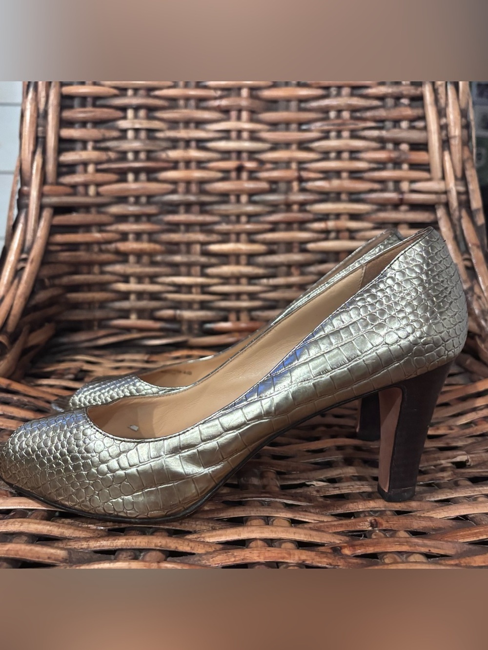 Cole Haan Women's Gold Metallic Peep Toe Heels in size 8.5